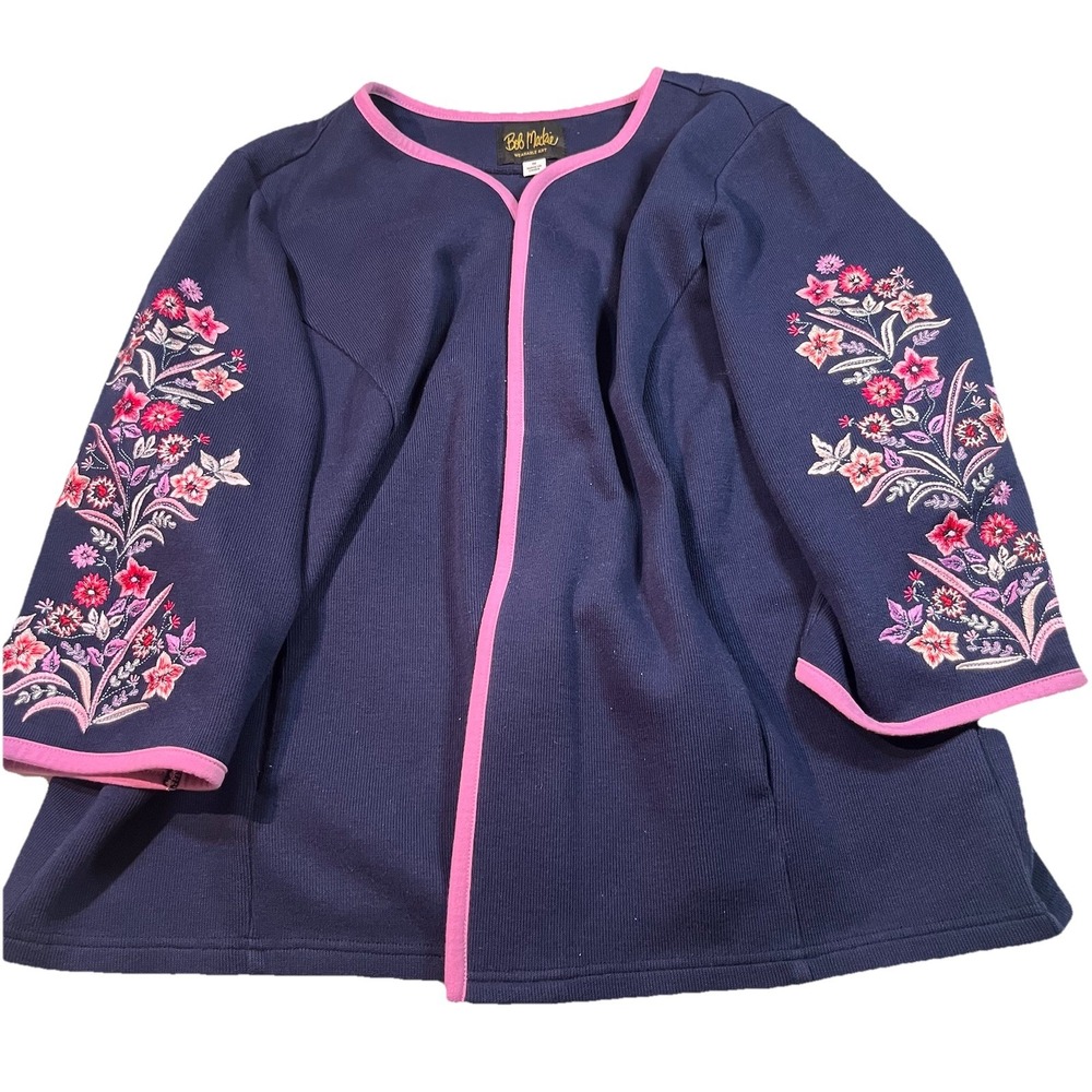 Bob Mackie Wearable Art 1X Floral Embroidered Fleece Jacket Cardigan‎ EUC